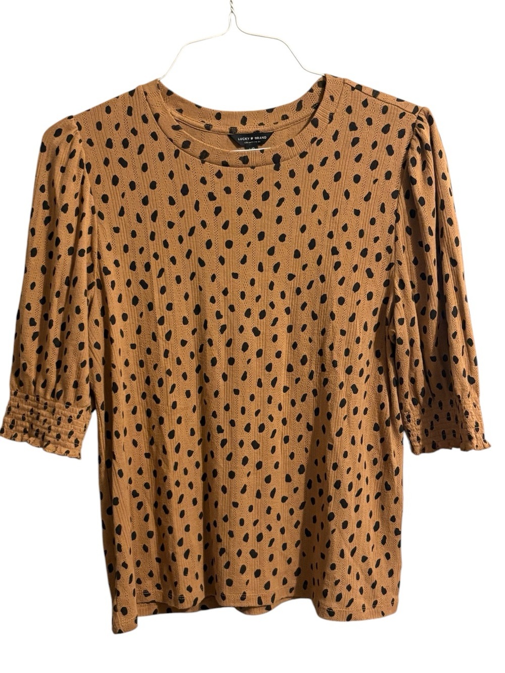 Lucky Brand Tan Top with Black Dot Print and Puff Sleeves